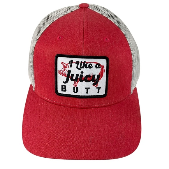 “I Like a Juicy Butt” Red Trucker Hat Funny BBQ Snapback Richardson 115 Mesh Cap - Picture 1 of 10